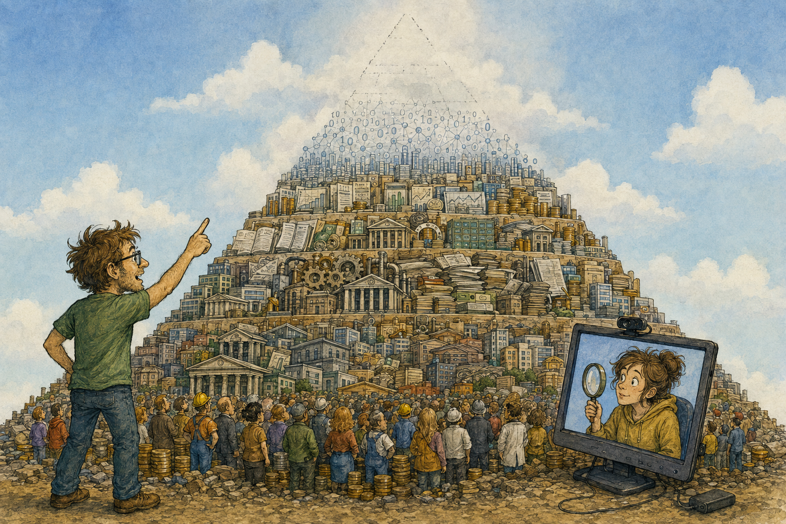 Nerd ukazuje k neznámému vrcholu pyramidy moci